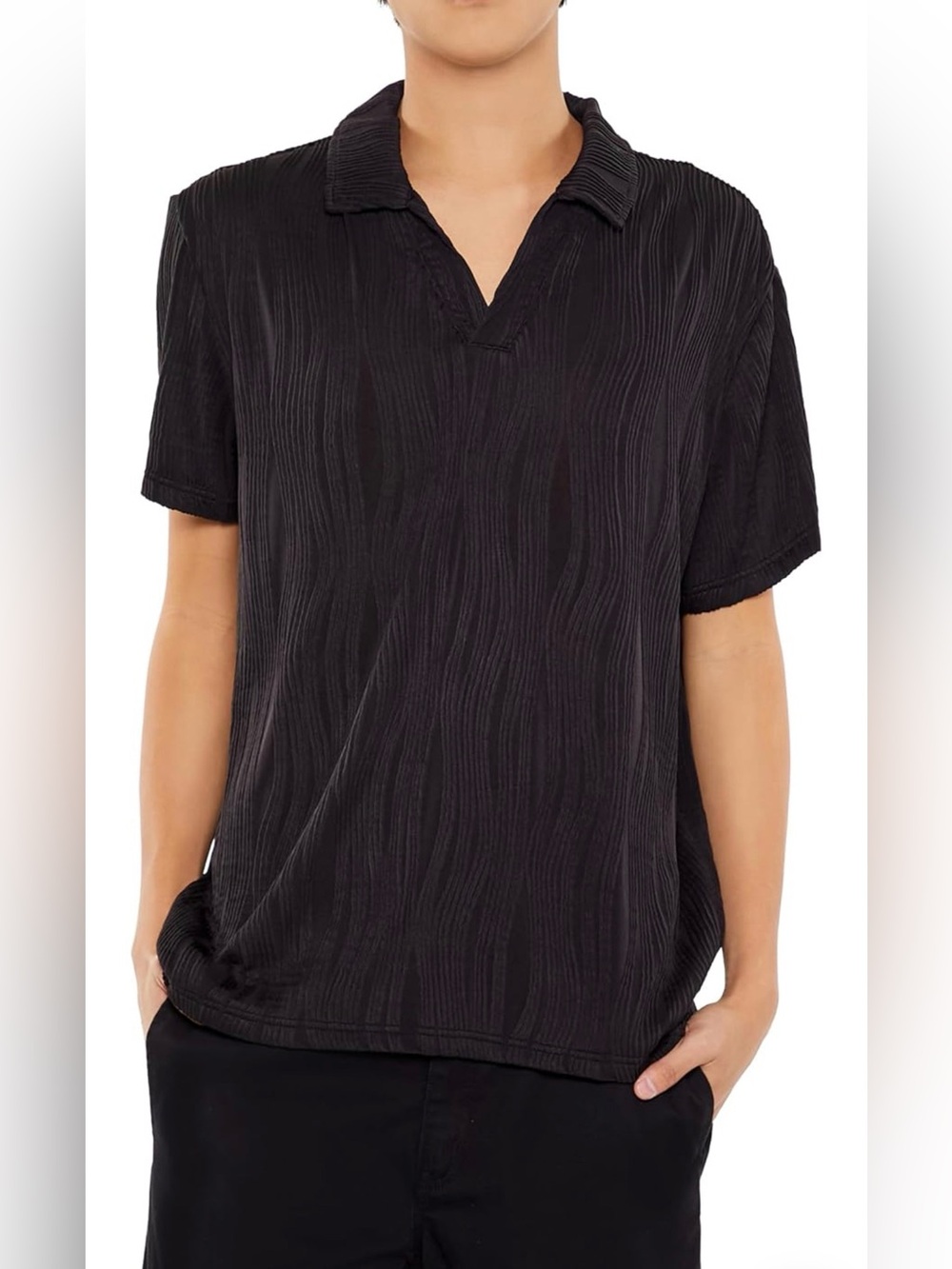 Forever 21 Men's Textured Slim-fit V-Neck Polo Shirt-SIZE M